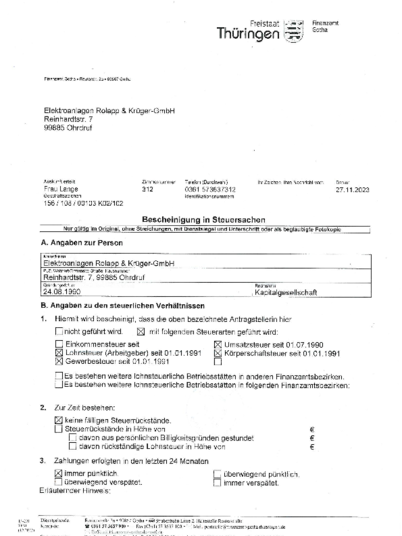 Bescheinigung Steuersachen bei Elektroanlagen Rolapp & Krüger GmbH in Ohrdruf